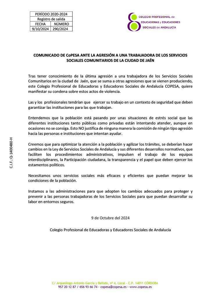 COMUNICADO DE CoPESA ANTE LA AGRESIÓN A UNA TRABAJADORA DE LOS SERVICIOS  SOCIALES COMUNITARIOS DE LA CIUDAD DE JAÉN