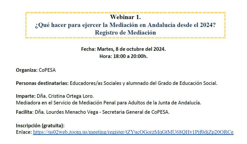 #Edusoday - CoPESA  WEBINAR-1: ¿QUÉ HACER PARA EJERCERLA MEDIACIÓN EN ANDALUCÍA DESDE EL 2024?.  REGISTRO DE MEDIACIÓN