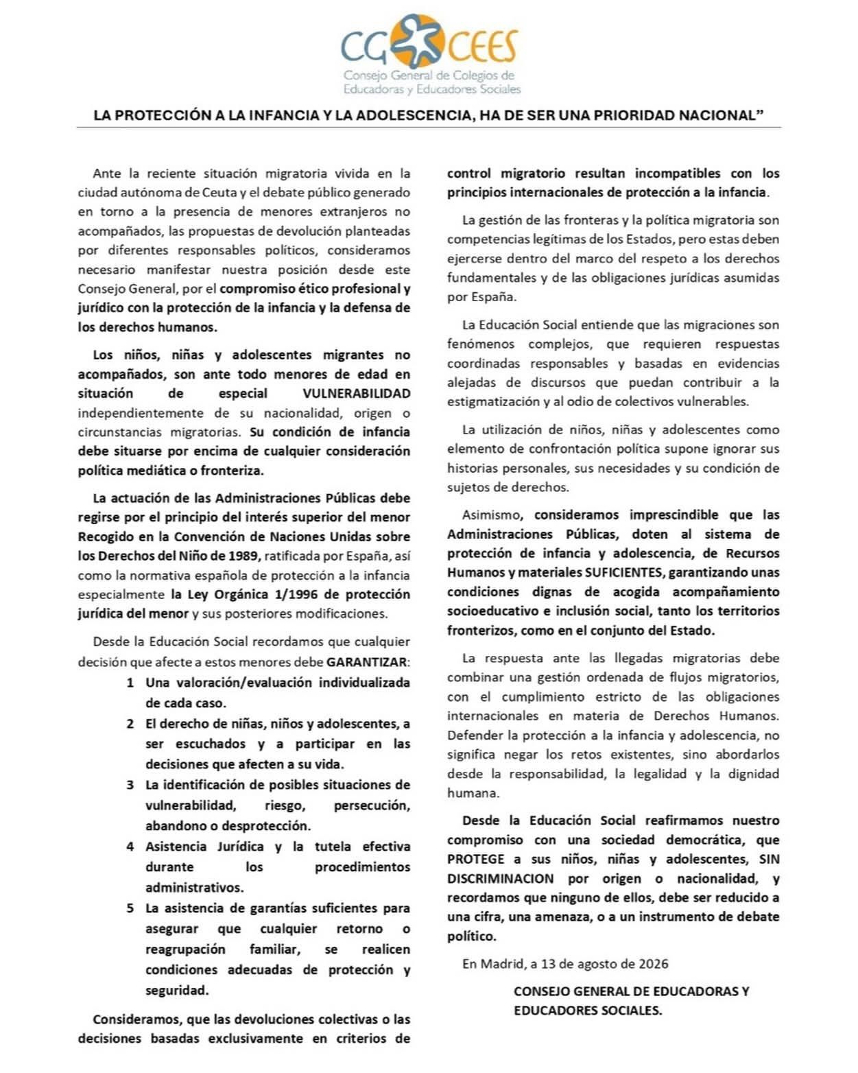 Comunicado CGCEES 13/08/2026 sobre la situación de la infancia y adolescencia vulnerable en Ceuta